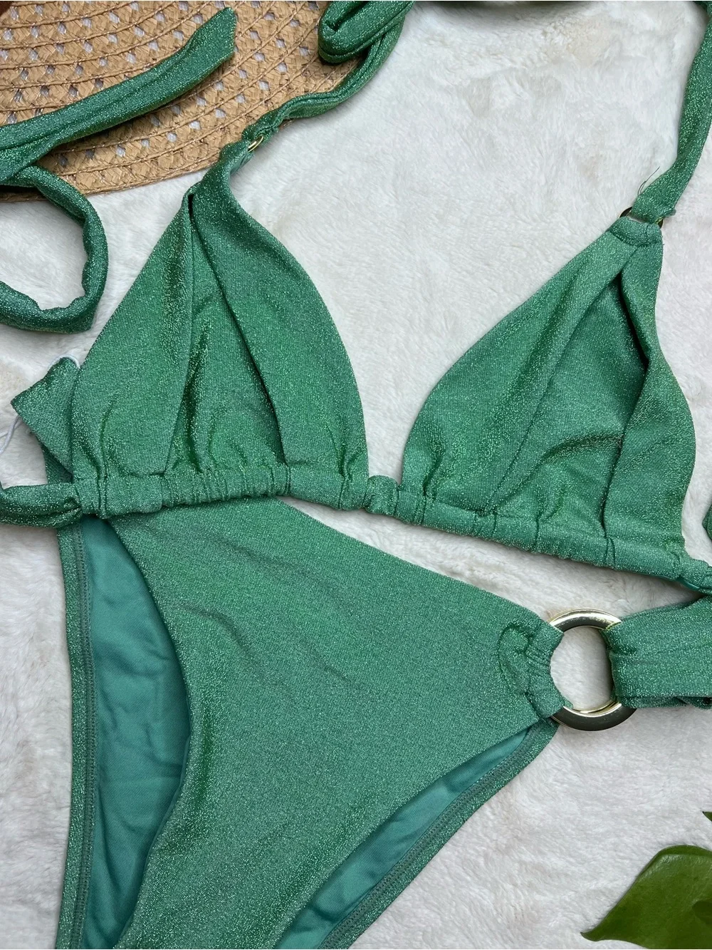 Monday Swimwear Bikini Set V XL Metallic Green Shimmer Triangle Top Ring Bottom